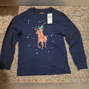 Boys Polo Ralph Lauren Navy Blue Long Sleeve Reindeer Christmas Shirt
